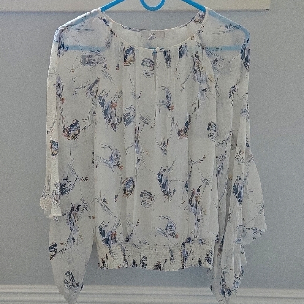 Joie White and Blue Patterned 100% Silk Blouse Size XS